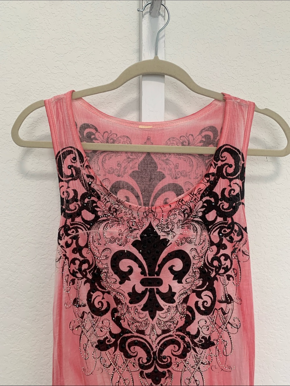 Y2K Pink Fleur de Lis Lace Panels Sleeveless Tunic Top - Picture 2 of 6
